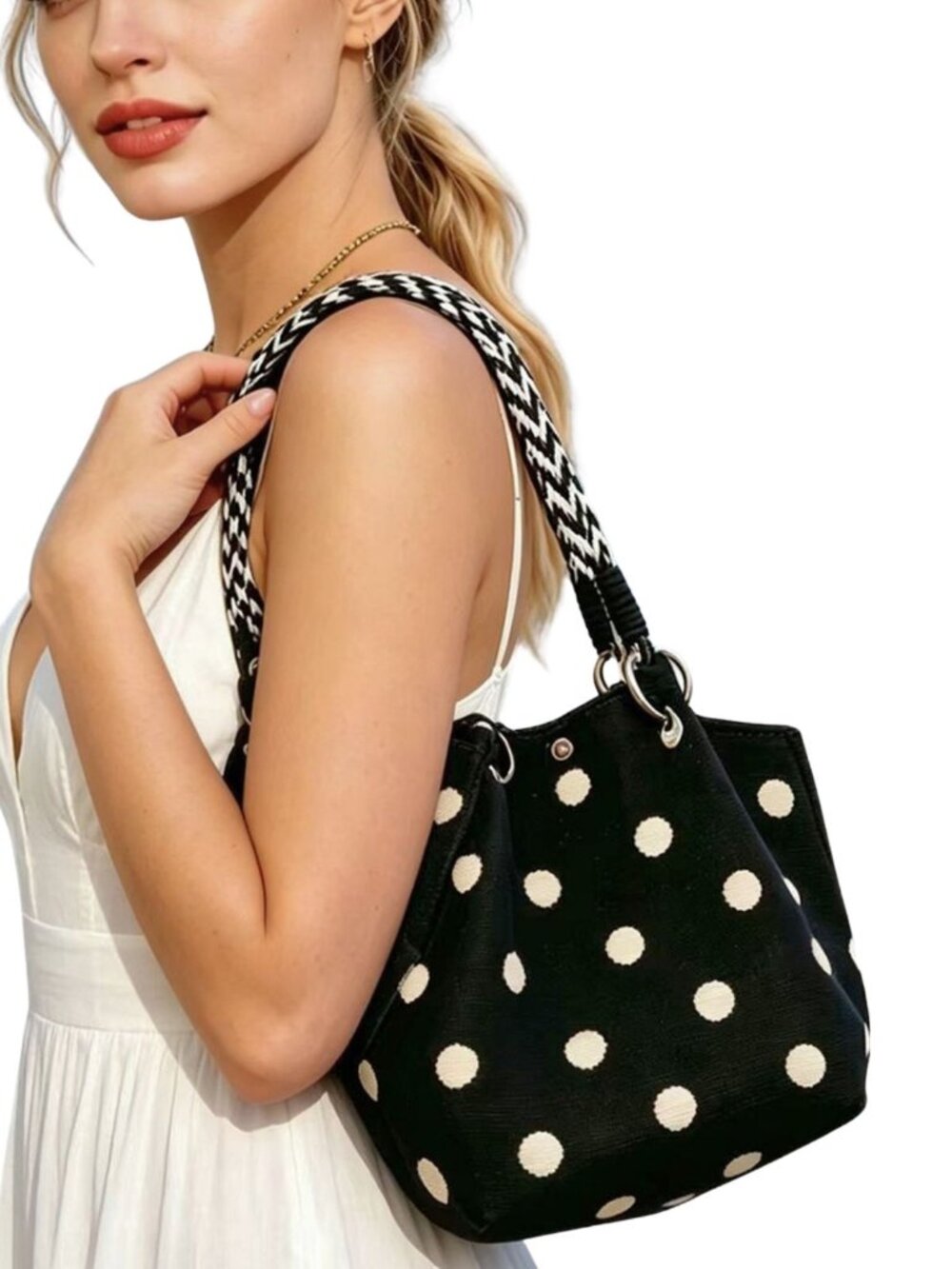Retro Polka Dot Foldable Tote Bag Bucket with Rope Handle Black NWT